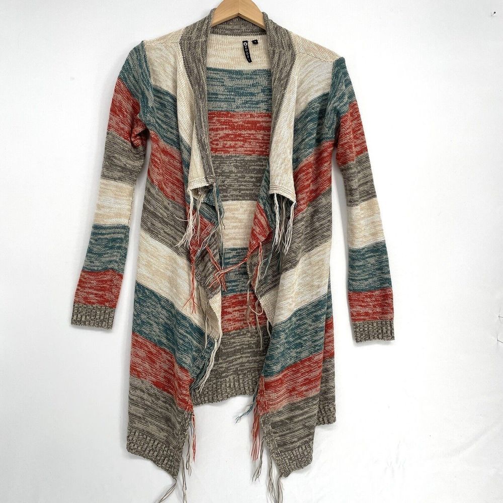 Poof Fringed Open Cardigan Sweater Women's Size Small Long Multicolor Stripes‎